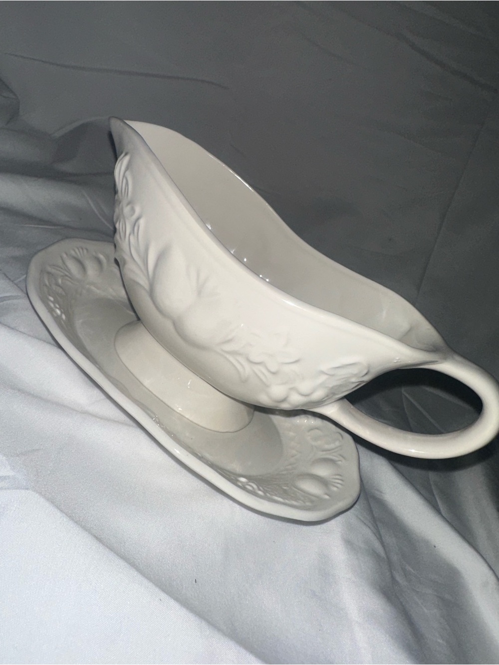 Vintage Century Japan White Ceramic Gravy Boat Underplate Embossed Fruit